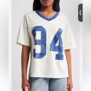 Golden Hour Varsity Graphic Tee Size Large 100% Cotton Blue and Off White